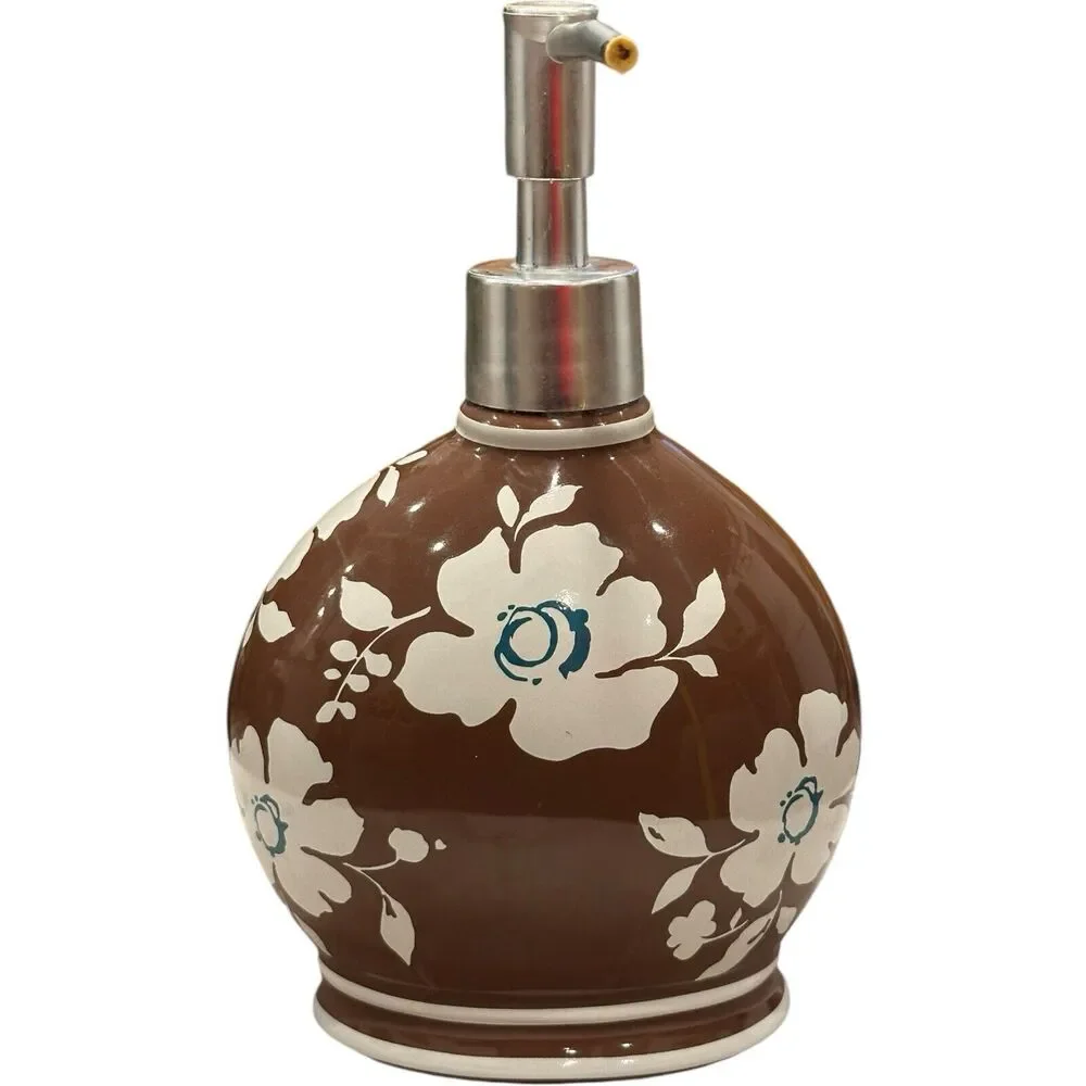 3 Pc Wamsutta Springs Baja Chocolate Floral Bathroom Tissue Cover Cup Soap Pump